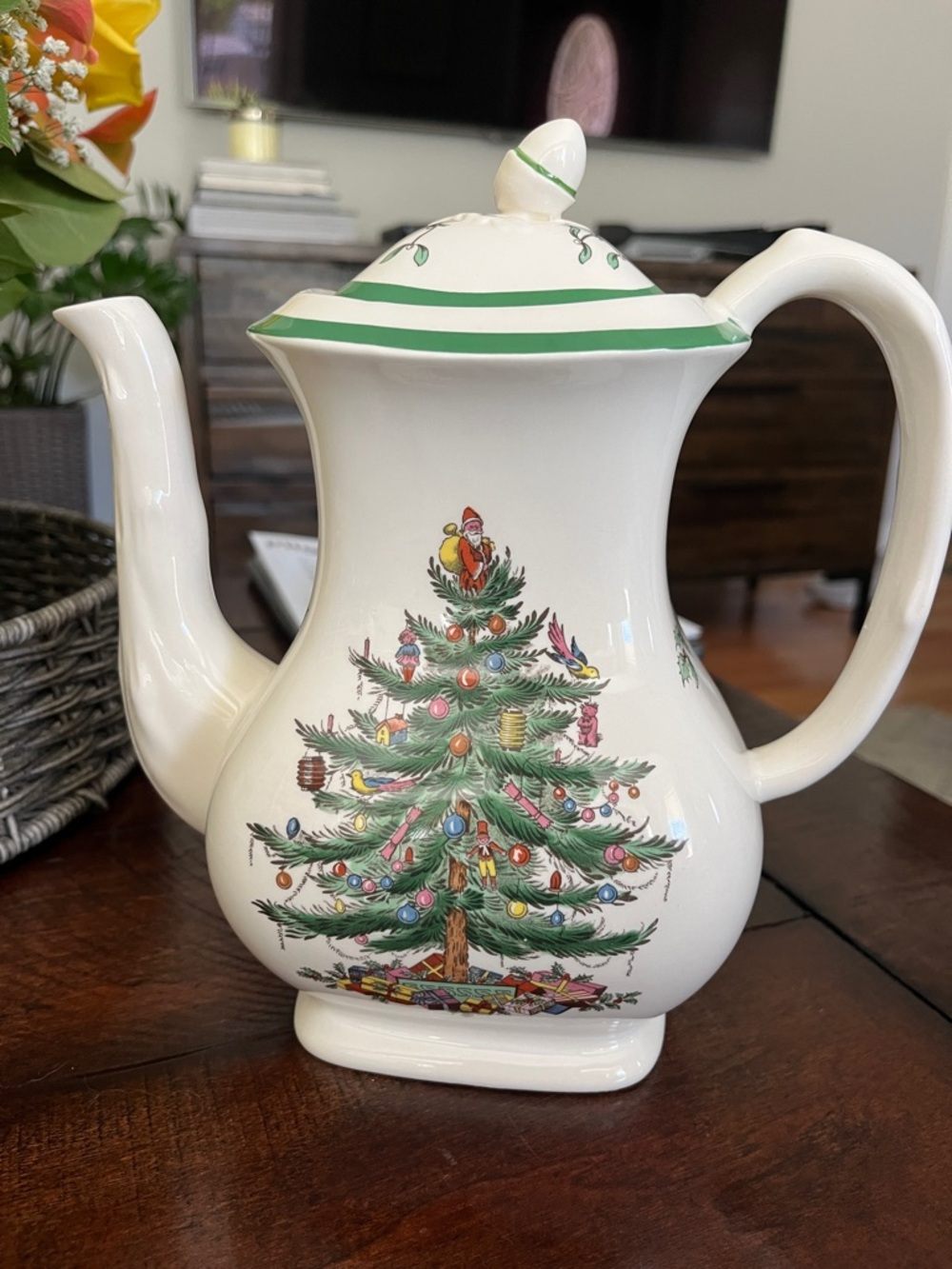 Vintage Spode White Ceramic Tea/Coffee Pot with Christmas Tree Design